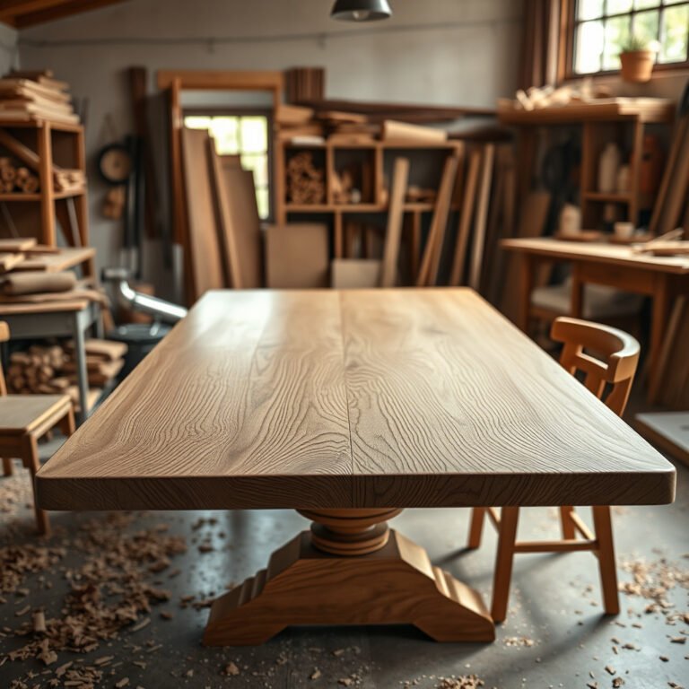 Mesa de madeira em carpintaria iluminada.