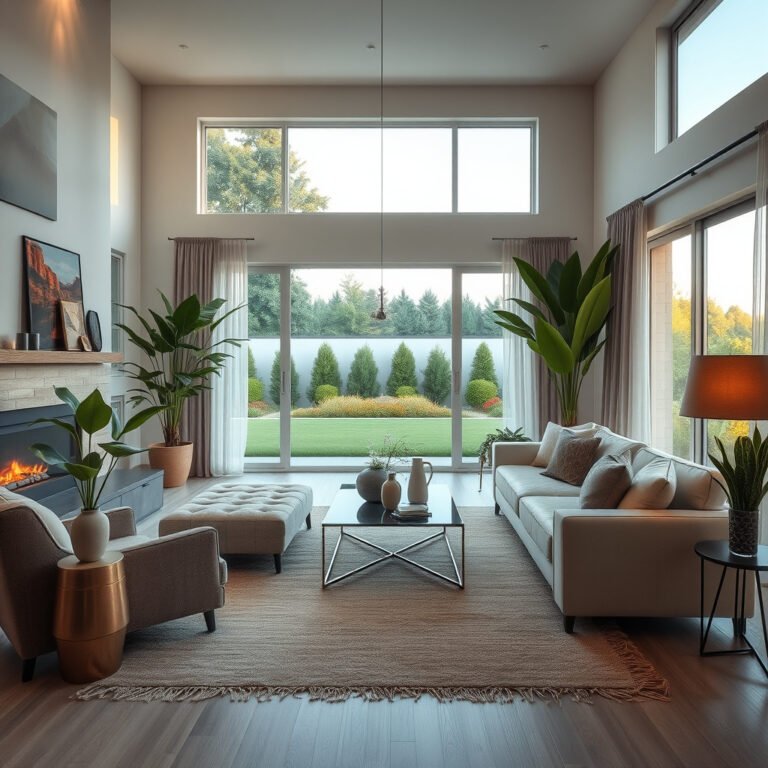 Sala de estar moderna com jardim ao fundo.