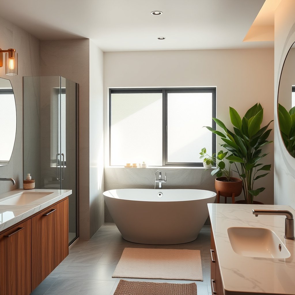 Banheiro moderno com banheira e plantas decorativas.