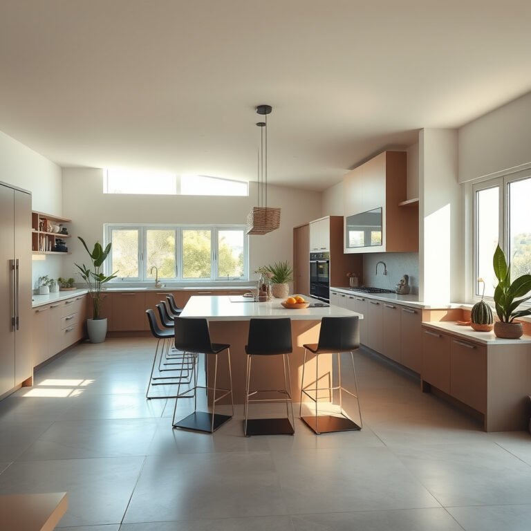 Cozinha moderna com iluminação natural e ilha central.