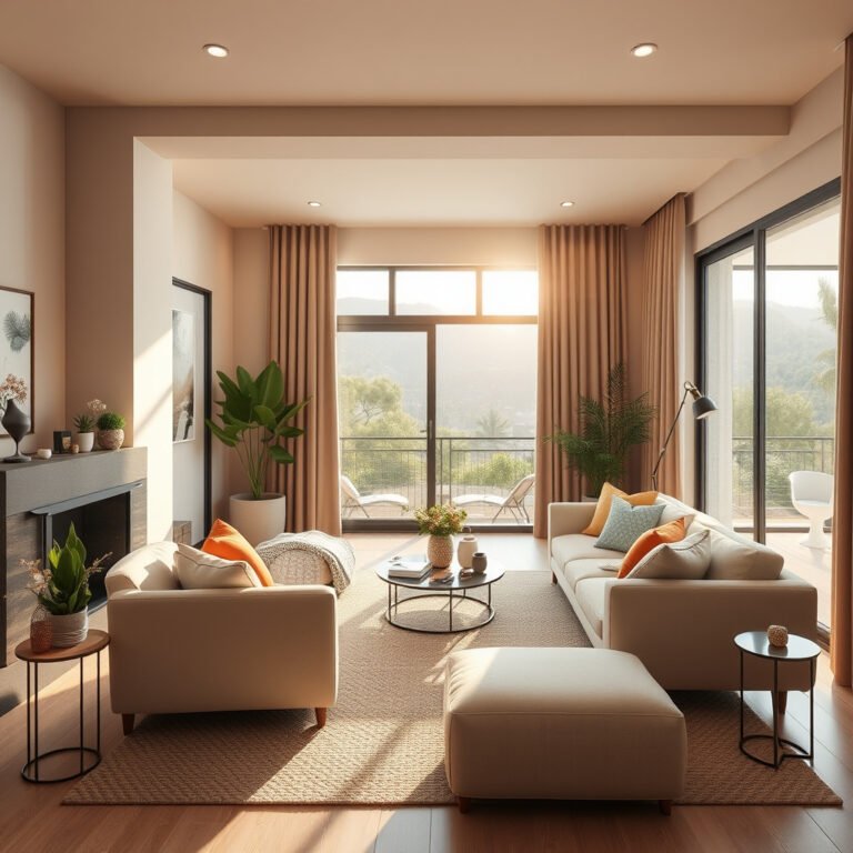 Sala moderna iluminada, com sofá e plantas.