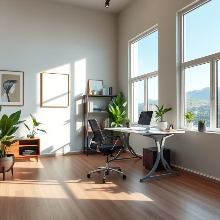 Escritório moderno com luz natural e plantas verdes.