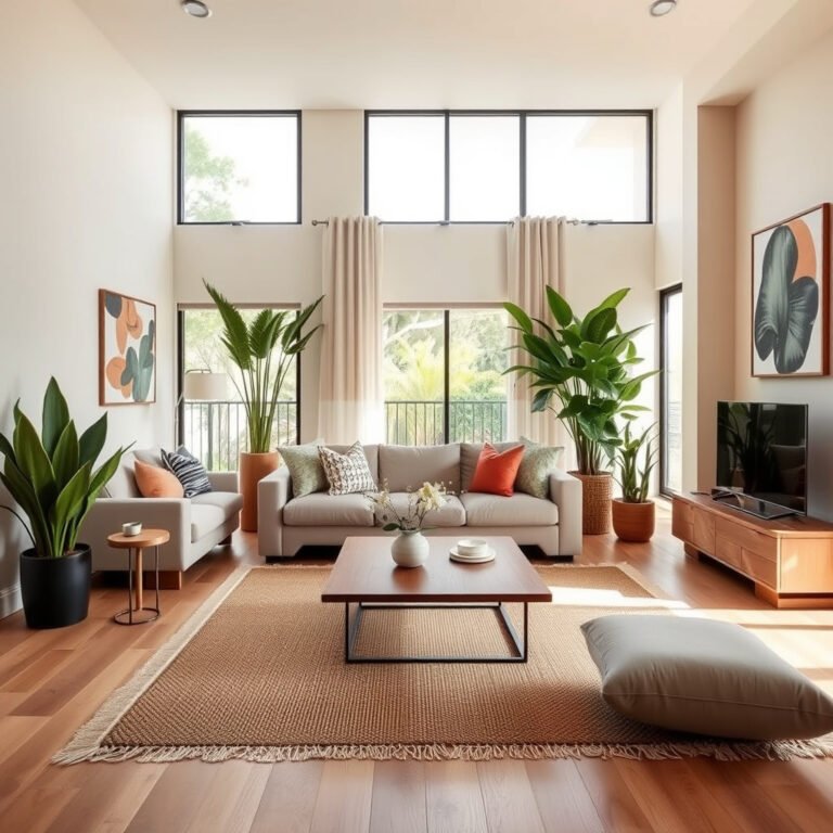 Sala moderna com plantas e decoração aconchegante.