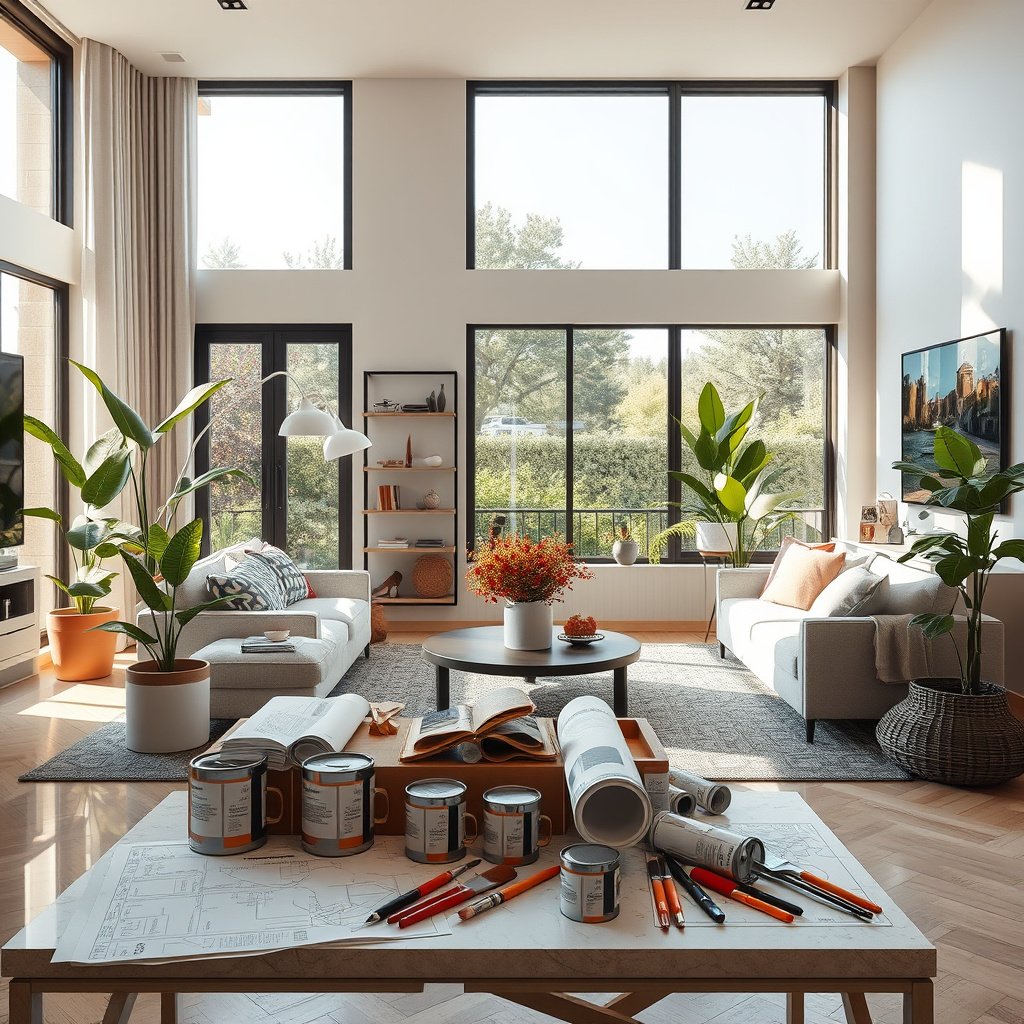 Sala iluminada com decoração moderna e plantas.