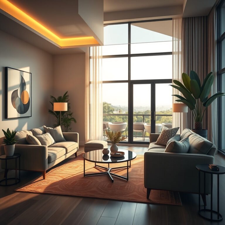 Sala moderna com decoração sofisticada e vista externa.