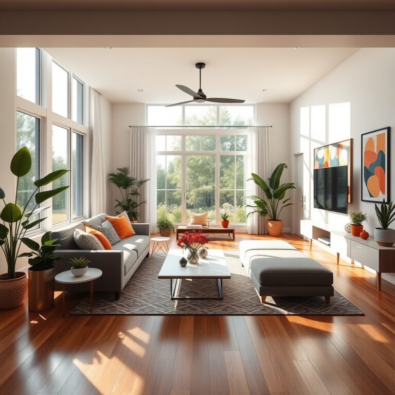 Sala moderna iluminada com plantas e decoração vibrante.