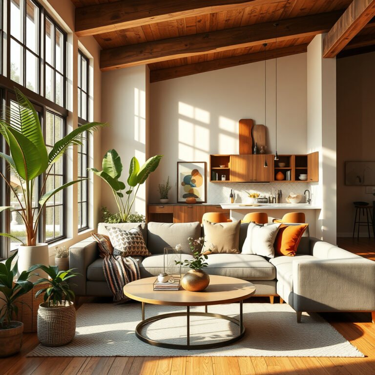 Sala moderna com plantas e móveis de madeira.