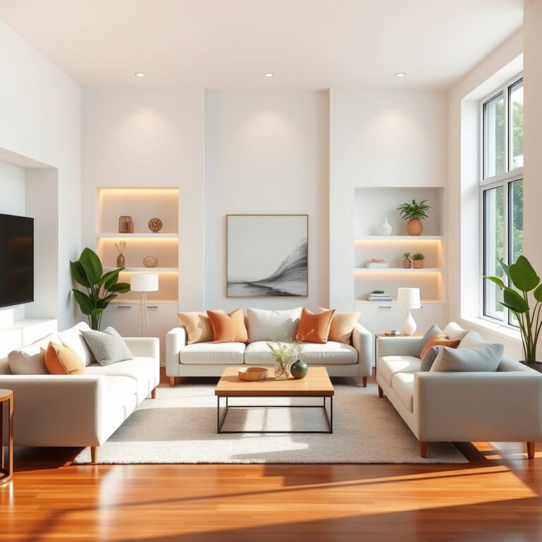 Sala moderna com sofás, mesa e plantas.
