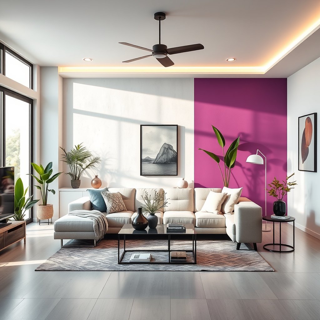 Sala moderna com sofá e plantas decorativas.