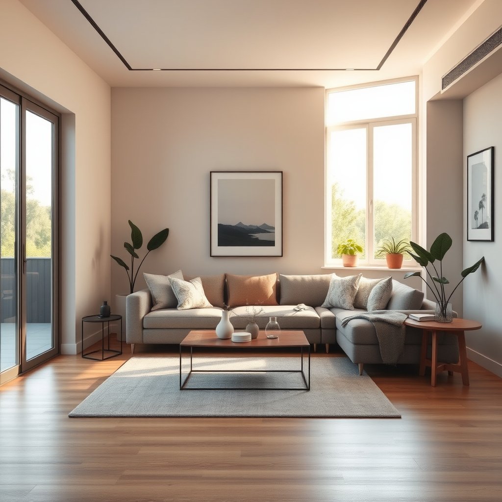 Sala de estar moderna com sofá cinza e plantas.