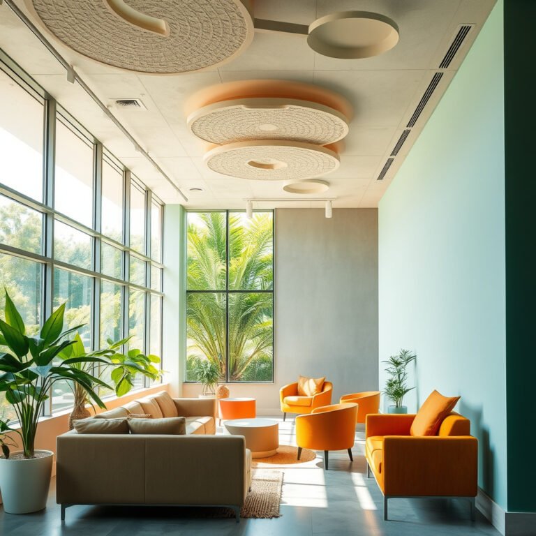Sala moderna com plantas e poltronas laranjas.