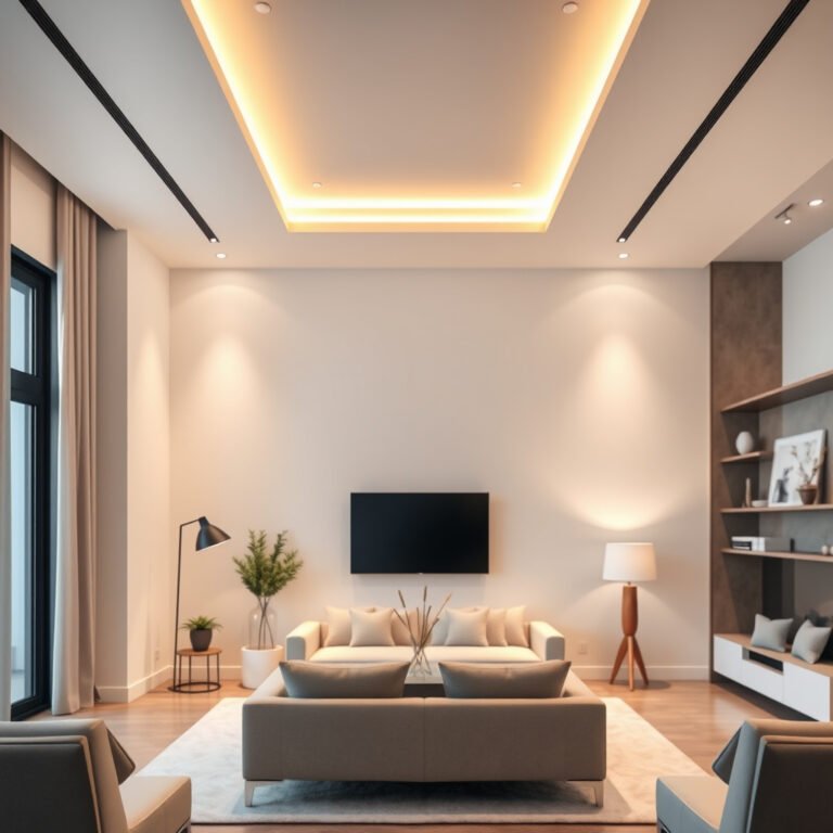 Sala moderna com sofá, TV e decoração elegante.