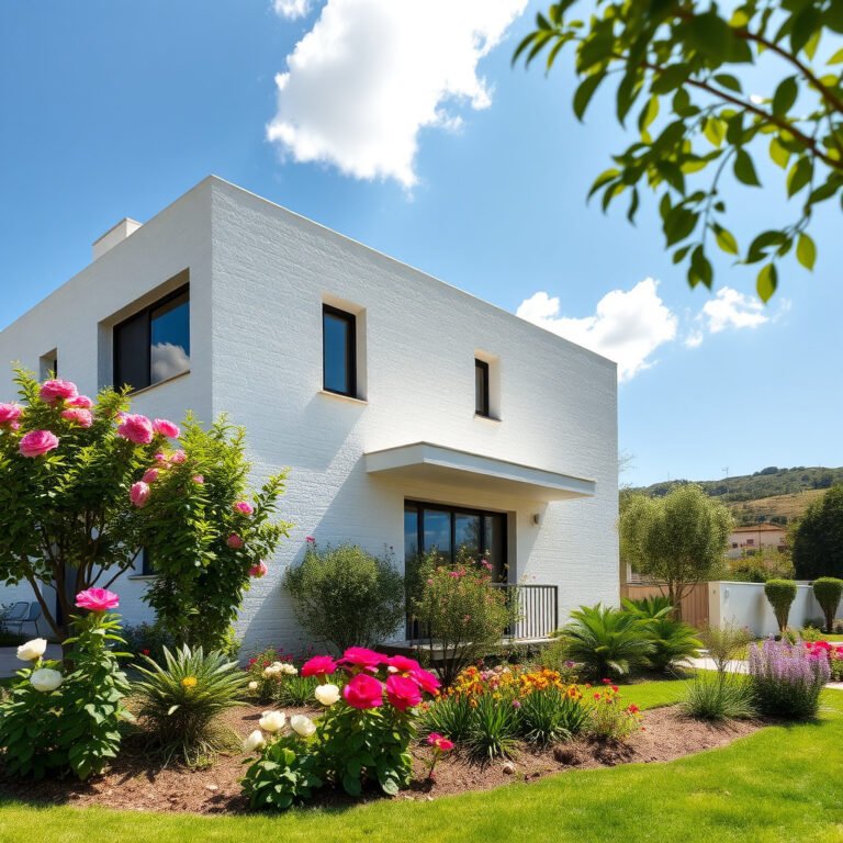 Casa moderna com jardim florido e céu azul.