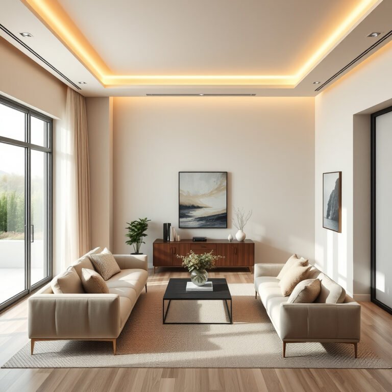 Sala de estar moderna com sofás e decoração elegante.