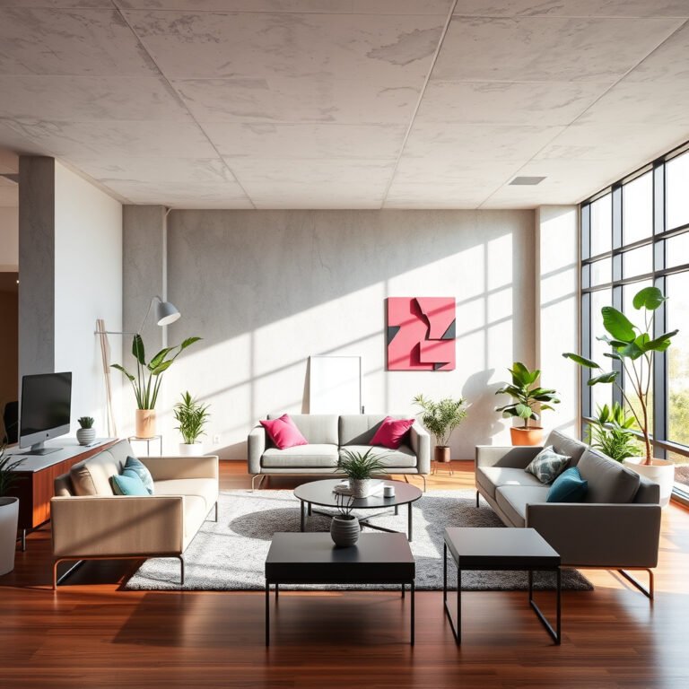 Sala moderna com decoração minimalista e plantas