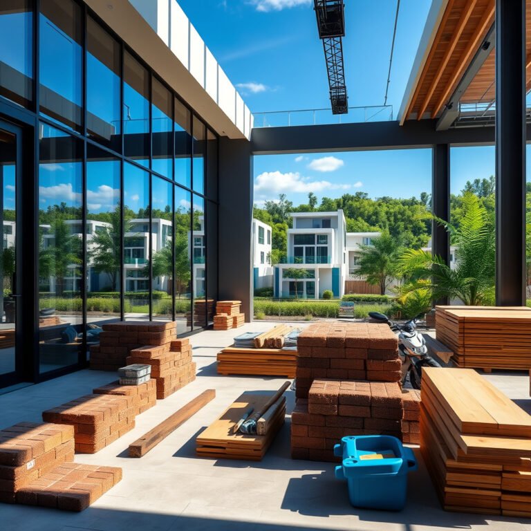 Construção moderna com materiais empilhados ao ar livre.