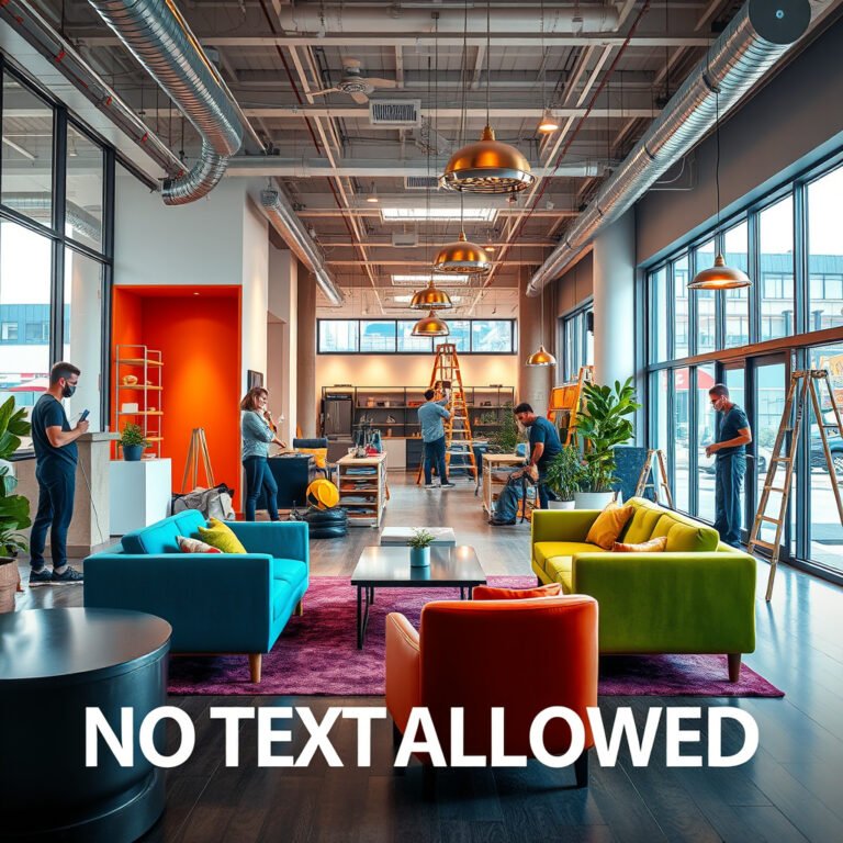 Espaço moderno de trabalho colaborativo com sofás coloridos.