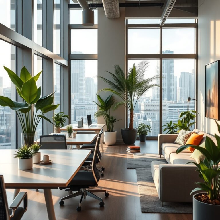 Escritório moderno com plantas, janelas grandes e sofás.