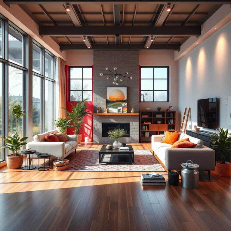 Sala moderna com decoração aconchegante e luz natural.