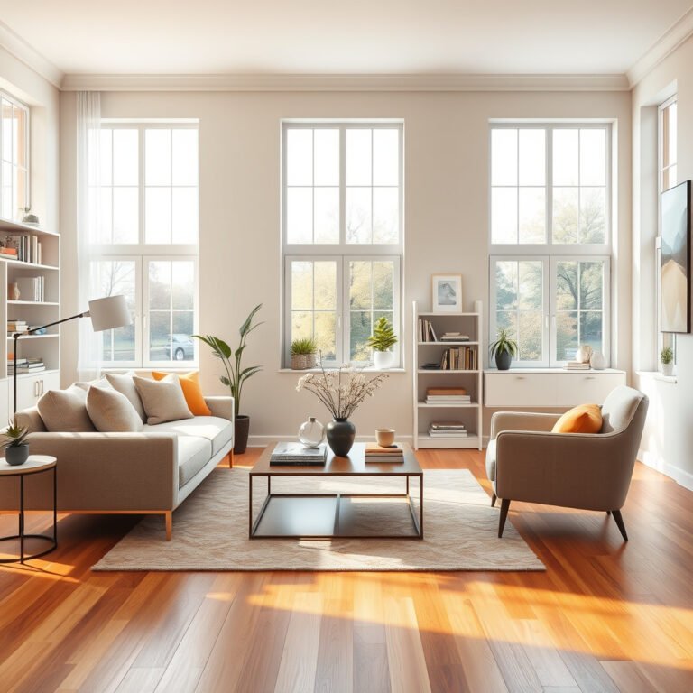 Sala de estar ensolarada com decoração moderna.