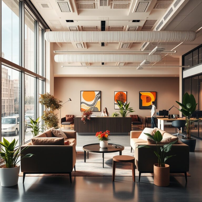 Recepção moderna com decoração contemporânea e plantas.