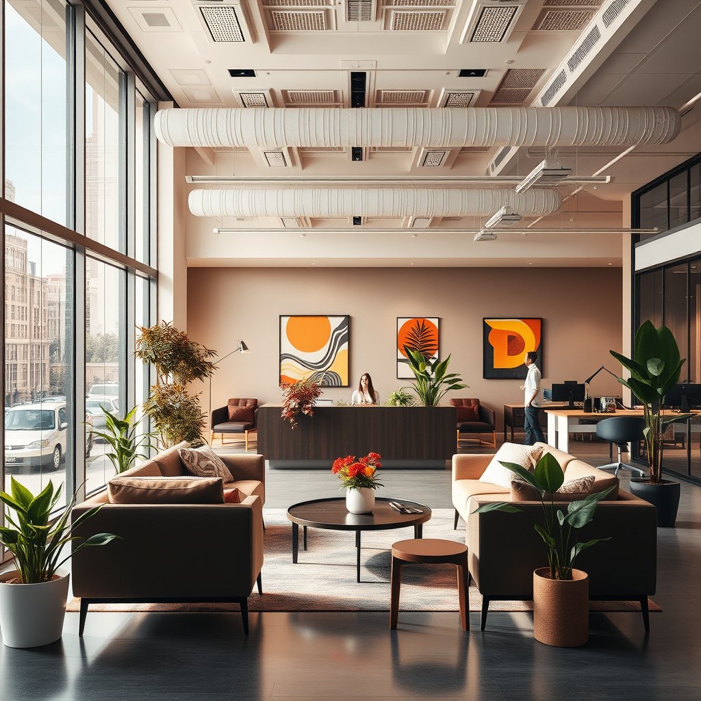 Recepção moderna com decoração contemporânea e plantas.