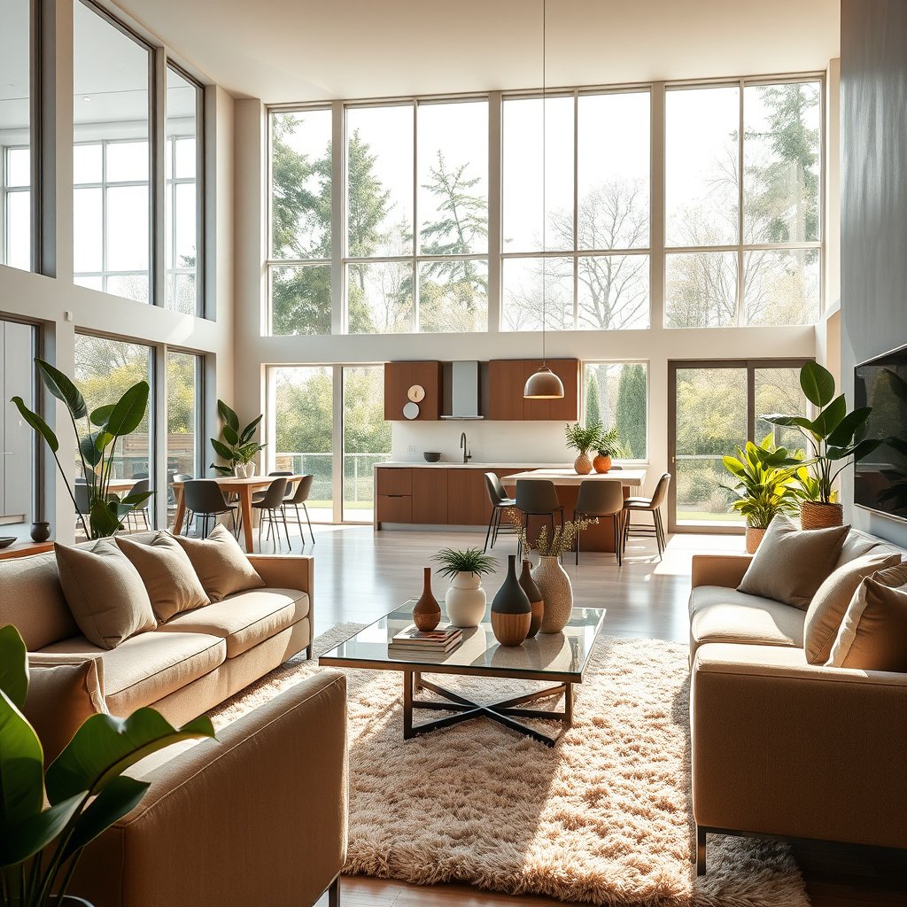 Sala moderna com grandes janelas e plantas