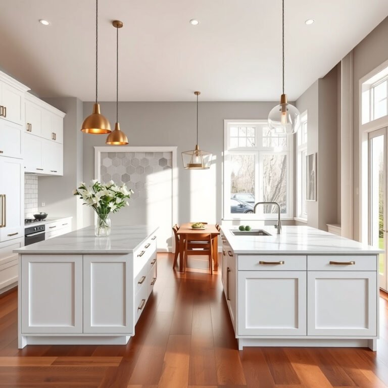 Cozinha moderna com ilha central e luminárias pendentes.