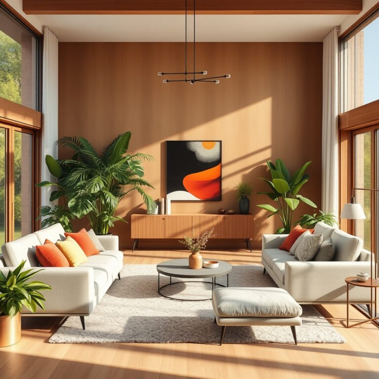 Sala moderna com plantas e decoração elegante.