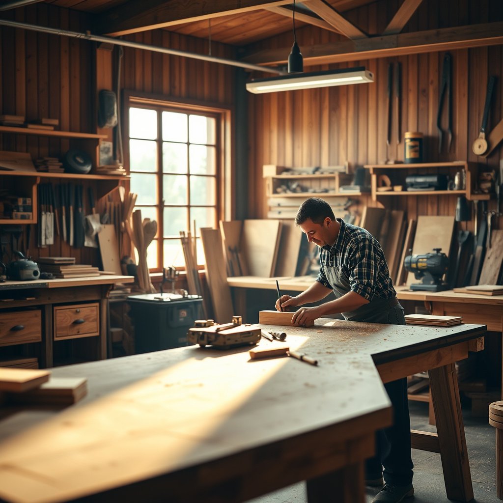 Carpinteiro trabalhando em ateliê de madeira iluminado.