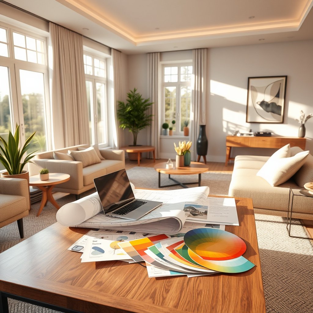 Sala de estar moderna e iluminada, com laptop.