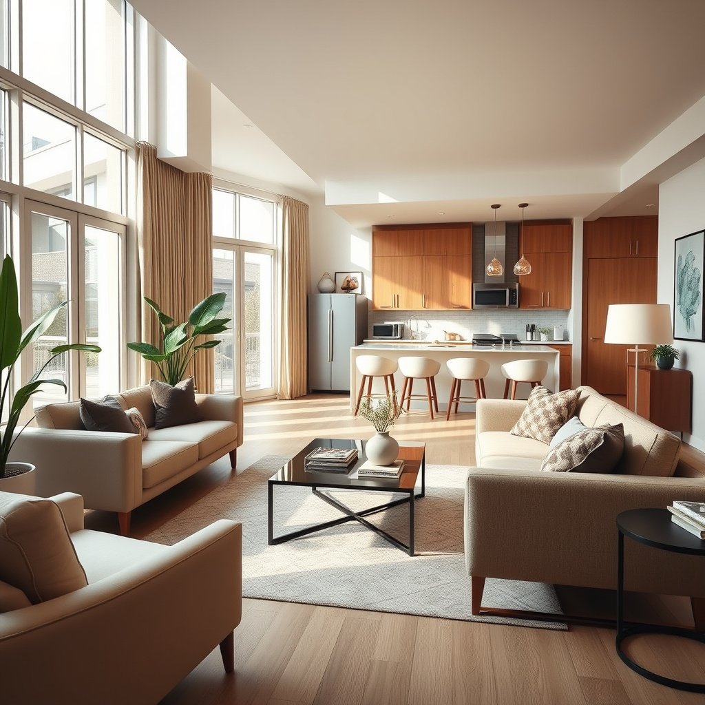 Sala moderna com cozinha integrada, decoração elegante.