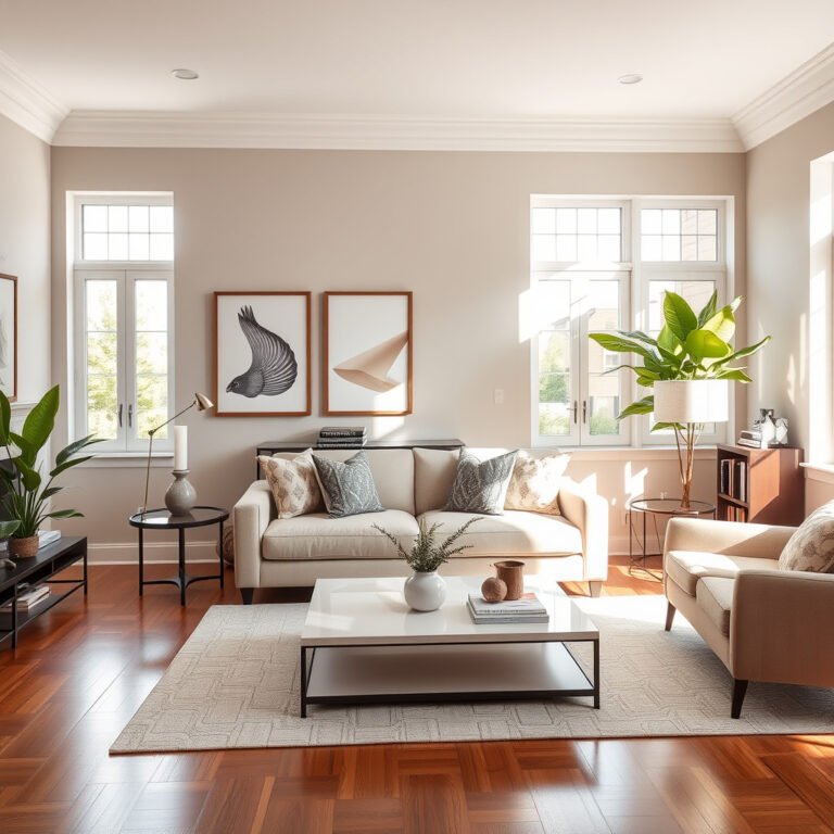 Sala de estar moderna com decoração elegante e plantas.