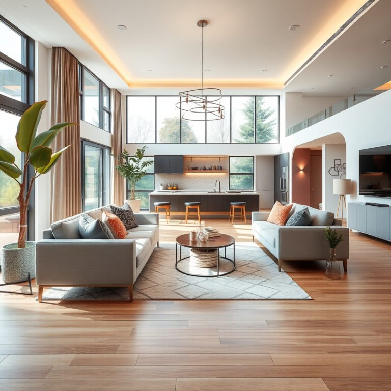Sala moderna com janelas grandes e decoração elegante.