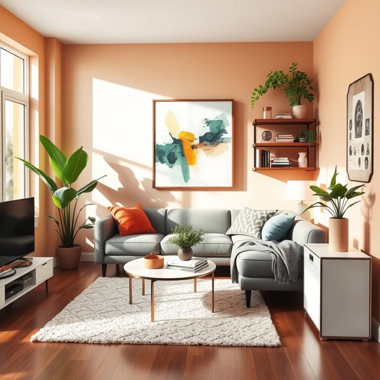 Sala moderna com sofá cinza e plantas decorativas.