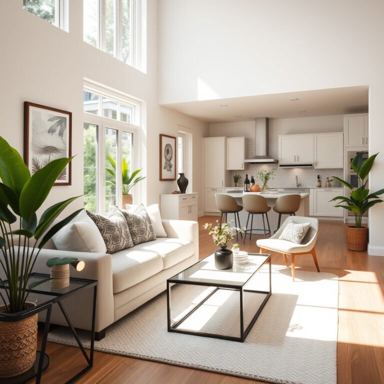 Sala moderna com cozinha integrada e plantas decorativas.