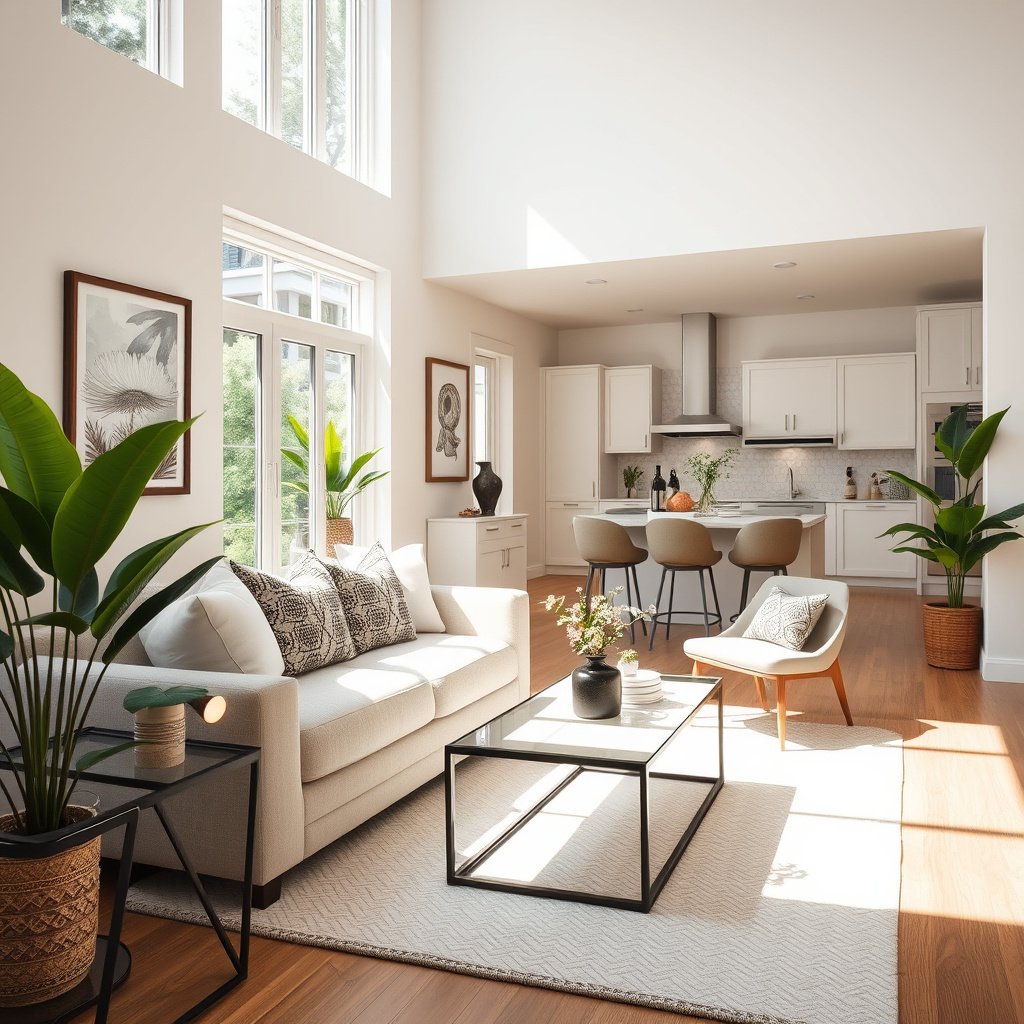 Sala moderna com cozinha integrada e plantas decorativas.