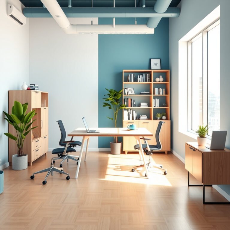 Escritório moderno com mesa, cadeira e plantas.