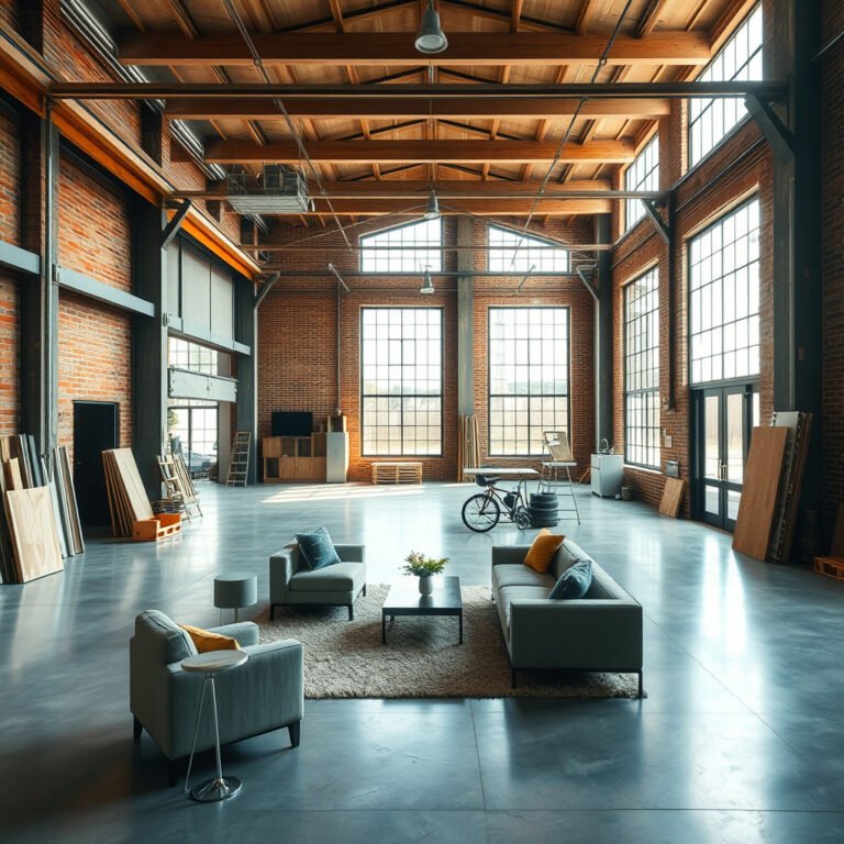Loft moderno com janelas amplas e decoração minimalista.