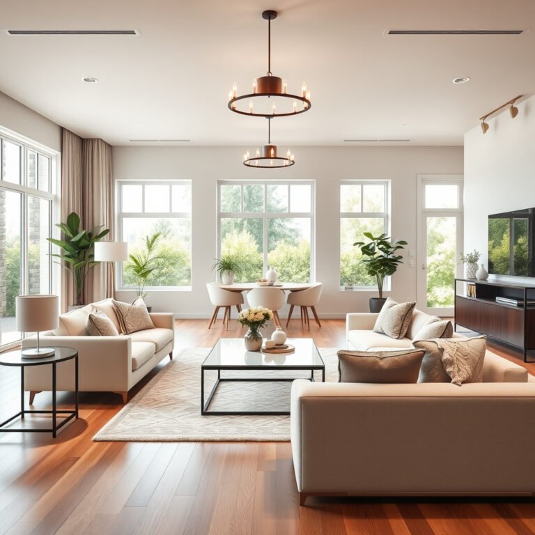 Sala de estar moderna, luminosa e elegante com móveis claros.