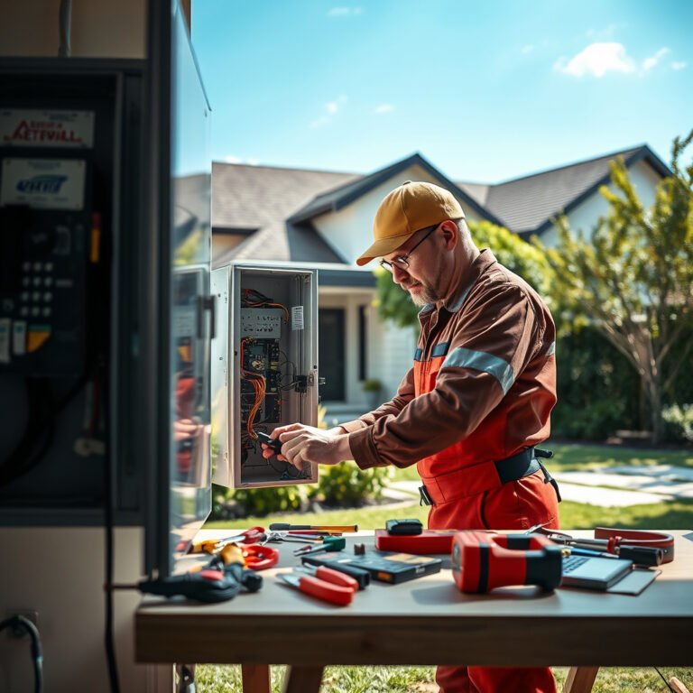 Eletricista trabalhando em caixa elétrica externa.