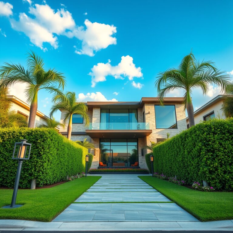 Mansão moderna com jardim e palmeiras ao redor.