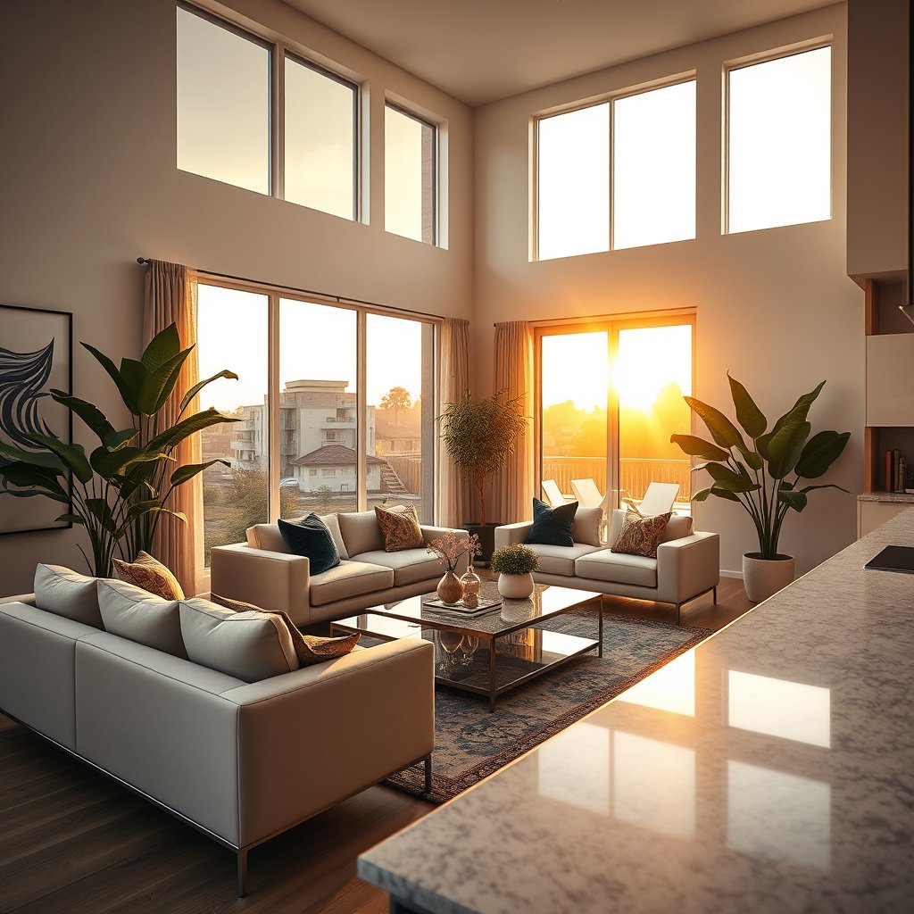 Sala moderna com sofás e plantas ao pôr do sol.