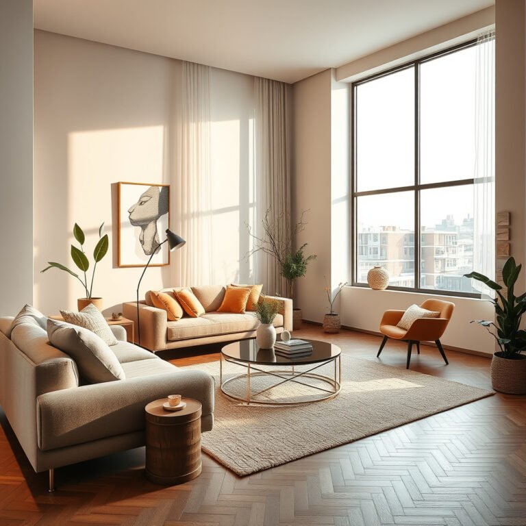 Sala aconchegante com sofás, janelas grandes e plantas.