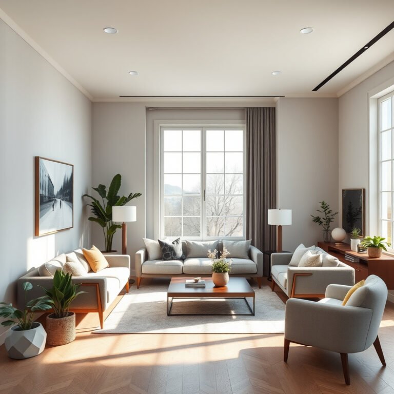 Sala moderna e iluminada com janelas grandes.