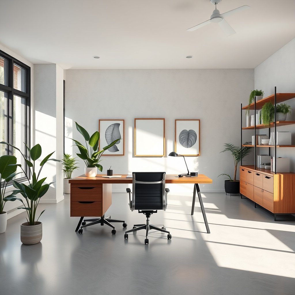 Escritório moderno com plantas e mobília de madeira.