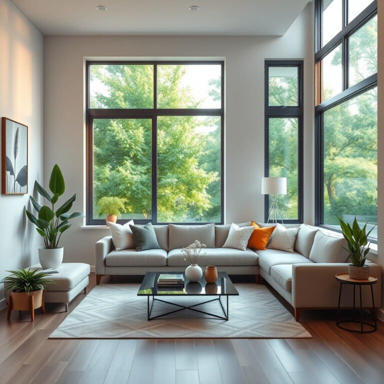 Sala moderna com sofá, plantas e janelas grandes.