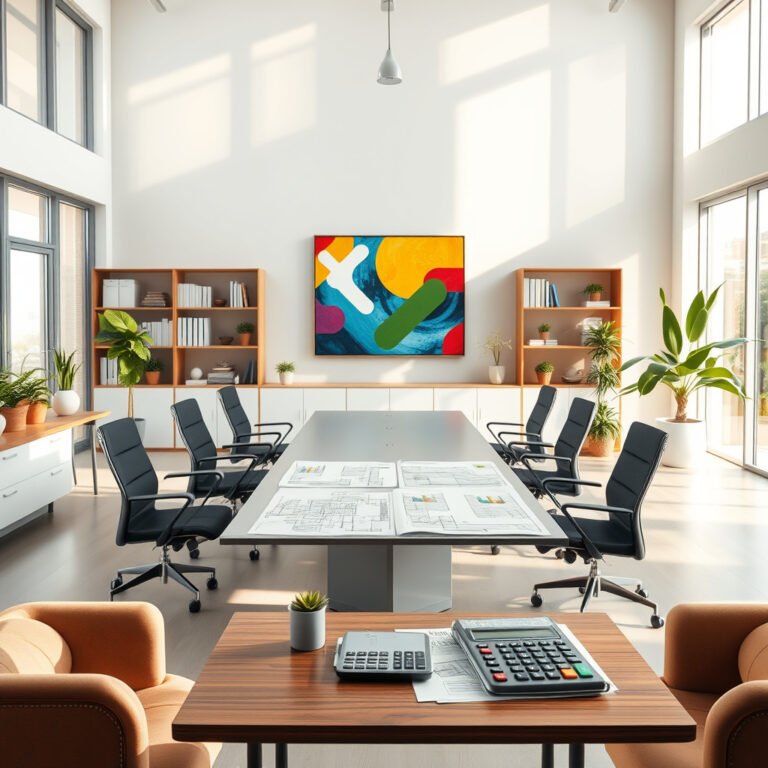 Sala de reunião moderna com mesa e arte na parede.