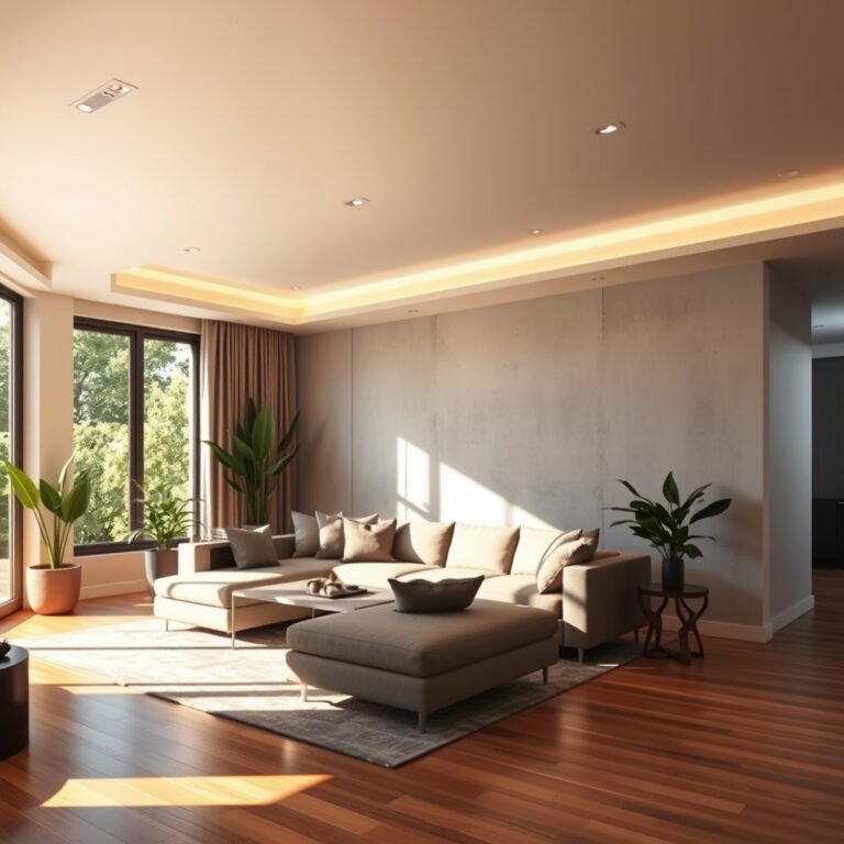 Sala moderna com sofá e plantas na janela.