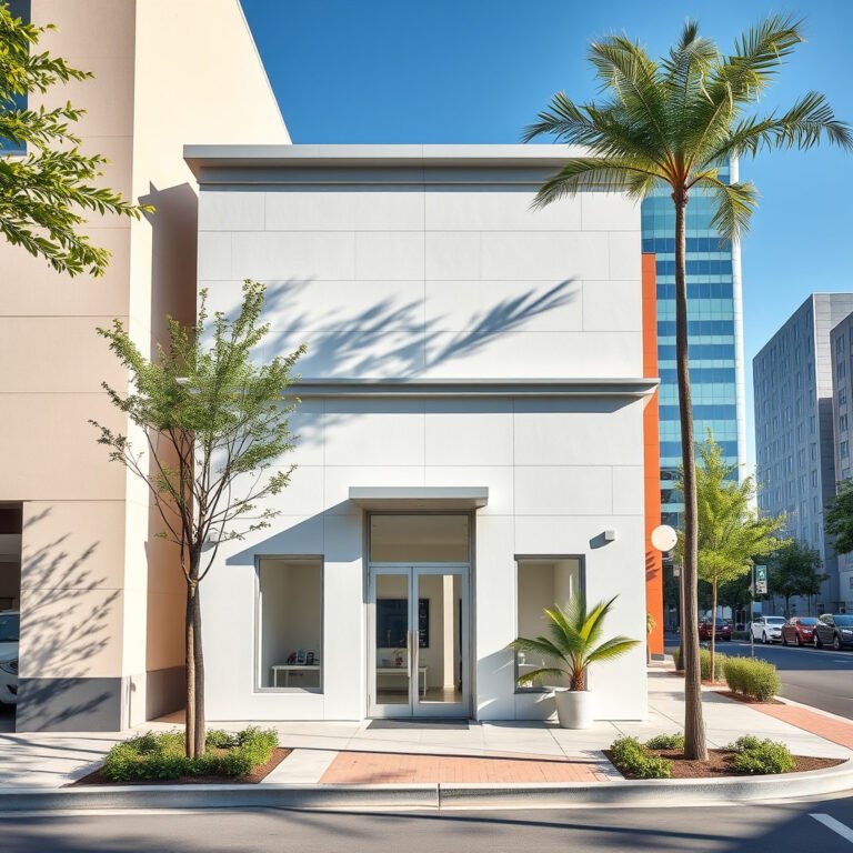 Prédio moderno com árvores na calçada em dia ensolarado.